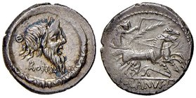 ROMANE REPUBBLICANE - JUNIA - D. Junius Silanus L. f. (91 a.C.) - Denario - Maschera di Sileno a d.; sotto, ROMA /R La Vittoria su biga al galoppo ver...