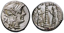 ROMANE REPUBBLICANE - MINUCIA - Ti. Minucius C. f. Augurinus (134 a.C.) - Denario - Testa di Roma a d. /R Colonna ionica sormontata da una statua; ai ...