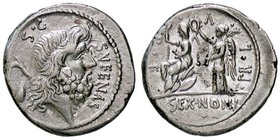 ROMANE REPUBBLICANE - NONIA - M. Nonius Sufenas (59 a.C.) - Denario - Testa di Saturno a d.; dietro, arpa e un oggetto conico /R Roma seduta su scudi ...