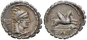 ROMANE REPUBBLICANE - PAPIA - L. Papius (79 a.C.) - Denario serrato - Testa di Giunone Sospita a d.; dietro, un'ascia /R Grifone a d., sotto, lancia B...
