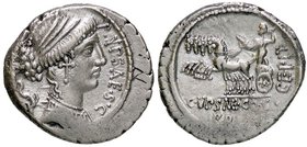 ROMANE REPUBBLICANE - PLAUTIA - P. Plautius Hypsaeus (60 a.C.) - Denario - Testa di Leuconea a d.; dietro, un delfino /R Giove su quadriga verso s. re...