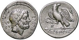 ROMANE REPUBBLICANE - POMPONIA - Q. Pomponius Rufus (73 a.C.) - Denario - Testa di Giove a d. /R Aquila a s. con corona tra gli artigli; nel campo, un...
