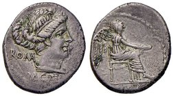 ROMANE REPUBBLICANE - PORCIA - M. Porcius Cato (89 a.C.) - Denario - Testa della Libertà a d. /R La Vittoria seduta a d. con patera e palma B. 5; Cr. ...