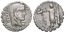 ROMANE REPUBBLICANE - POSTUMIA - C. Postumius (74 a.C.) - Denario serrato - Testa della Spagna a d. /R Un personaggio stante a s. tra aquila e fascio ...