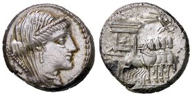 ROMANE REPUBBLICANE - RUBRIA - L. Rubrius Dossenus (87 a.C.) - Denario - Testa di Giunone a d. con scettro sulla spalla /R Carro trionfale trainato da...