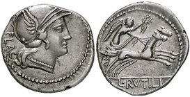 ROMANE REPUBBLICANE - RUTILIA - L. Rutilius Flaccus (77 a.C.) - Denario - Testa di Roma a d /R La Vittoria su biga a d. B. 1; Cr. 387/1 (AG g. 3,74)
...