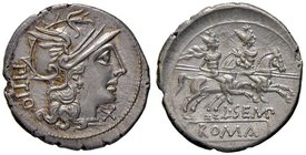 ROMANE REPUBBLICANE - SEMPRONIA - L. Sempronius Pitio (148 a.C.) - Denario - Testa di Roma a d. /R I Dioscuri a cavallo verso d. B. 2; Cr. 216/1 (AG g...