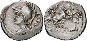 ROMANE REPUBBLICANE - SERVILIA - P. Servilius M. F. Rullus (100 a.C.) - Denario - Busto di Minerva a s. /R La Vittoria su biga a d. con palma; sotto l...