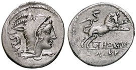 ROMANE REPUBBLICANE - THORIA - L. Thorius Balbus (105 a.C.) - Denario - Testa di Giunone Lanuvia a d. /R Toro scalpitante a d. B. 1; Cr. 316/1 (AG g. ...