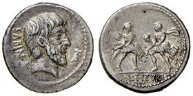 ROMANE REPUBBLICANE - TITURIA - L. Titurius L. f. Sabinus (89 a.C.) - Denario - Testa del Re Sabino Tatius a d.; davanti le lettere TA in monogramma /...