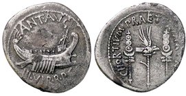 ROMANE IMPERIALI - Marc'Antonio († 30 a.C.) - Denario - Galera pretoriana /R Aquila legionaria tra due insegne militari B. 102; Cr. 544/8 R (AG g. 3,3...