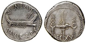 ROMANE IMPERIALI - Marc'Antonio († 30 a.C.) - Denario - Galera pretoriana /R LEG XX - Aquila legionaria tra due insegne militari B. 135; Cr. 544/36 (A...