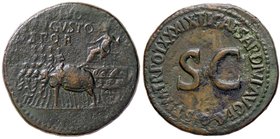 ROMANE IMPERIALI - Augusto (27 a.C.-14 d.C.) - Sesterzio - Augusto con ramo di lauro e scettro seduto su un carro trainato da quattro elefanti a s., m...