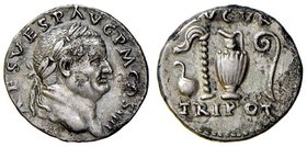 ROMANE IMPERIALI - Vespasiano (69-79) - Denario - Busto laureato a d. /R Strumenti sacrificali C. 45; RIC 42 (AG g. 3,34) Porosità
SPL