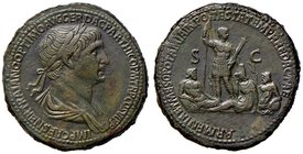 ROMANE IMPERIALI - Traiano (98-117) - Sesterzio - Busto laureato e drappeggiato a d. /R Traiano stante a d. in abiti militari con lancia e parazonium ...