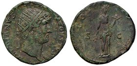 ROMANE IMPERIALI - Adriano (117-138) - Dupondio - Testa radiata a d. /R Il Buon Evento stante a d. con spighe di grano e cesto di frutta RIC 656 (AE g...