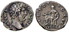 ROMANE IMPERIALI - Elio (136-138) - Denario - Testa a d. /R La Concordia seduta a s. con patera ed il gomito s. su una cornucopia C. 1 (12 Fr.); RIC 4...