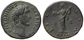 ROMANE IMPERIALI - Antonino Pio (138-161) - Sesterzio - Testa laureata a d. /R La Sicilia stante a s. con triscele sul capo, tiene una corona e delle ...
