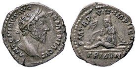 ROMANE IMPERIALI - Marco Aurelio (161-180) - Denario - Testa laureata a d. /R L'Armenia o la Parthia seduta a s.; davanti, uno stendardo e uno scudo s...