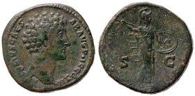 ROMANE IMPERIALI - Marco Aurelio (161-180) - Sesterzio - Busto giovanile a d. /R Pallade a d. con lanciante un giavellotto e con scudo C. 576 (AE g. 2...
