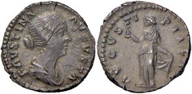 ROMANE IMPERIALI - Faustina II (moglie di M. Aurelio) - Denario - Busto drappeggiato a d. /R La Speranza a s. con un fiore si alza la veste C. 24 (AG ...