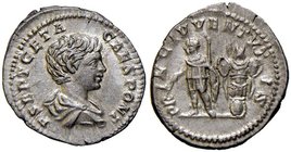 ROMANE IMPERIALI - Geta (209-212) - Denario - Busto giovanile drappeggiato a d. /R Geta in abiti militari stante a s., alle spalle un trofeo C. 157; R...