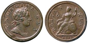 ESTERE - GRAN BRETAGNA - Giorgio I (1714-1727) - Mezzo penny 1717 Spink 3659 R CU Schiacciatura di conio al D/ - Riflessi rossi, ottima conservazione ...