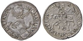 ZECCHE ITALIANE - CARMAGNOLA - Michele Antonio di Saluzzo (1504-1528) - Cornuto - Stemma, elmo e cimiero /R San Costanzo a cavallo verso d. CNI 47/101...