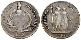ZECCHE ITALIANE - GENOVA - Repubblica Ligure (1798-1805) - 2 Lire 1798 Pag. 17; Mont. 92 RRR AG Appiccagnolo rimosso
meglio di MB