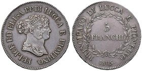 ZECCHE ITALIANE - LUCCA - Elisa Bonaparte e Felice Baciocchi (1805-1814) - 5 Franchi 1805 Mont. 432 R AG Busti medi
BB-SPL