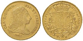 ZECCHE ITALIANE - NAPOLI - Carlo di Borbone (1734-1759) - 6 Ducati 1755 Mont. 11 var.; MIR 331/6 var. RR AU con VTR al D/ Striature di conio
SPL+