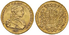 ZECCHE ITALIANE - NAPOLI - Ferdinando IV di Borbone (primo periodo, 1759-1799) - 6 Ducati 1763 P.R. 6a; Mont. 121 (AU g. 8,79)Sigle IA monogramma
BB+