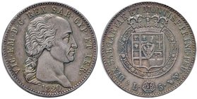 SAVOIA - Vittorio Emanuele I (1802-1821) - 5 Lire 1820 Pag. 14; Mont. 28 R AG Bella patina iridescente
SPL