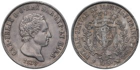 SAVOIA - Carlo Felice (1821-1831) - 5 Lire 1830 T (L) Pag. 79; Mont. 69 AG Segnetto al ciglio - Delicata patina
SPL