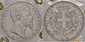 SAVOIA - Vittorio Emanuele II Re eletto (1859-1861) - 5 Lire 1860 B Pag. 433; Mont. 107 RR AG Colpetti diffusi - Sigillata
MB-BB