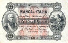 CARTAMONETA - BANCA d'ITALIA - 20 Lire Gav. pagina 286 RRRRR Bozzetto stampato dalla Wilkinson di Londra, nella seconda metà dell'800 Con certificato ...