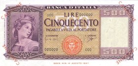 CARTAMONETA - BANCA d'ITALIA - Repubblica Italiana (monetazione in lire) (1946-2001) - 500 Lire - Italia 20/03/1947 CAMPIONE Gav. 389 RRRRR Con certif...