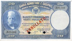 CARTAMONETA - COLONIE ED OCCUPAZIONI DI TERRITORI ITALIANI - Banca Nazionale d'Albania - Protettorato (1926) - 20 Franchi Oro 1926 Gav. 99 R Alberti/G...