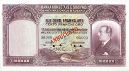 CARTAMONETA - COLONIE ED OCCUPAZIONI DI TERRITORI ITALIANI - Banca Nazionale d'Albania - Protettorato (1926) - 100 Franchi Oro 1926 Gav. 101 RRR Alber...