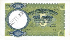 CARTAMONETA - COLONIE ED OCCUPAZIONI DI TERRITORI ITALIANI - Banca Nazionale d'Albania - Occupazione (1939) - 5 Franchi (Franga) 1939 Gav. 107 R Annul...