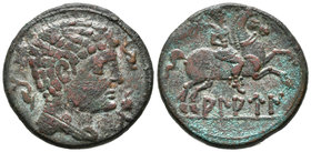 ALAUN. As. 120-80 a.C. Alagón (Zaragoza). A/ Cabeza masculina a derecha rodeada por tres delfines. R/ Jinete con palma a derecha, debajo sobre línea l...