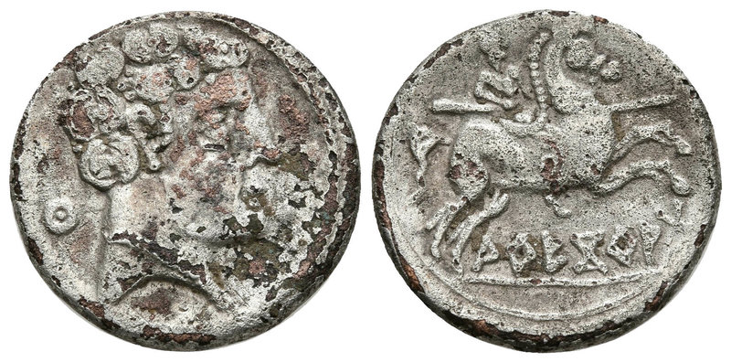 ARECORATAS. Denario Forrado. 150-20 a.C. Agreda (Soria). A/ Cabeza masculina a d...