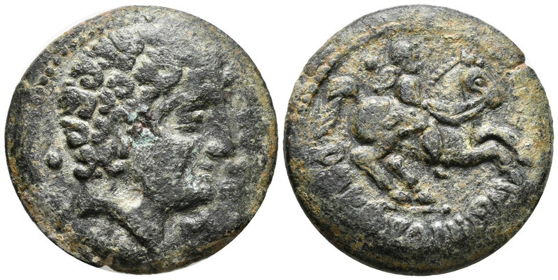 AREICORATICOS. As. 150-20 a.C. Agreda (Soria). A/ Cabeza masculina a derecha, de...