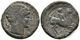 ARSAOS. As. 120-80 a.C. Jaca (Huesca). A/ Cabeza con barba a derecha, delante delfín y detrás arado. R/ Jinete con dardo a derecha, bajo la línea ARSA...