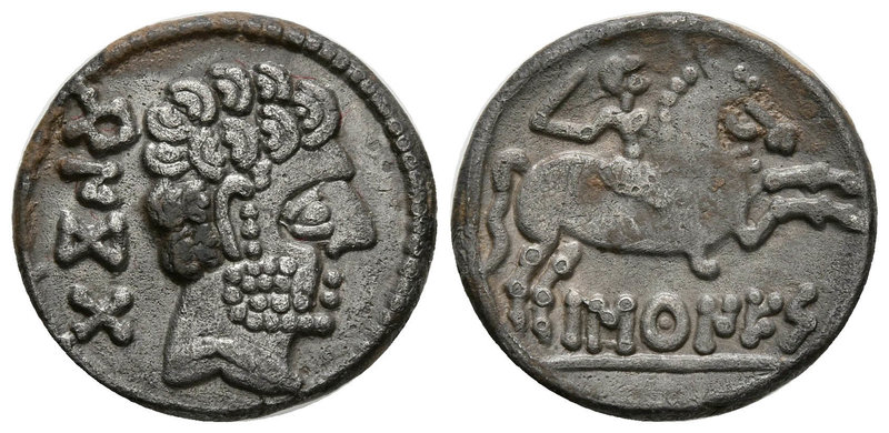 BASCUNES. Denario. 120-80 a.C. Pamplona. A/ Cabeza con barba a derecha, detrás l...