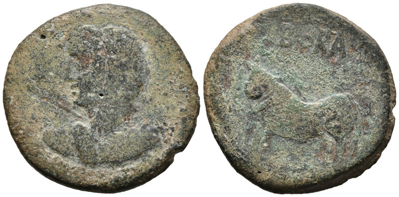 BORA. As. 100-50 a.C. Alcaudete (Jaén). A/ Busto femenino a izquierda, delante c...