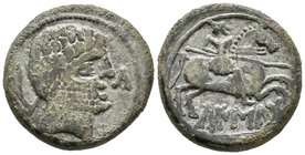 CAISCATA. As. 120-20 a.C. Cascante (Navarra). A/ Cabeza barbada a derecha, delante KA, detrás arado. R/ Jinete con lanza a derecha, debajo CaISCaTa. F...
