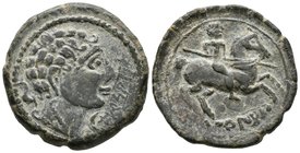 CALACORICOS. As. 120-30 a.C. Calahorra (Logroño). A/ Cabeza masculina a derecha, delante creciente y estrella, detrás delfín. R/ Jinete con lanza a de...