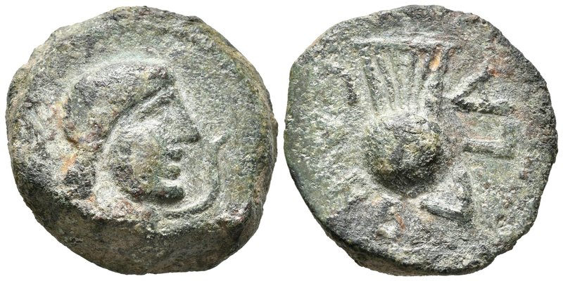 CARBULA. As. 50 a.C. Almodóvar del río (Córdoba). A/ Cabeza femenina a derecha, ...