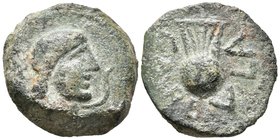 CARBULA. As. 50 a.C. Almodóvar del río (Córdoba). A/ Cabeza femenina a derecha, delante serpiente, detrás marca X. R/ Lira, alrededor leyenda circular...